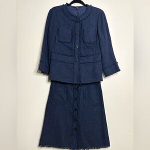 Lafayette 148 New York Two piece skirt suit tweed Navy Blue Size M Cotton